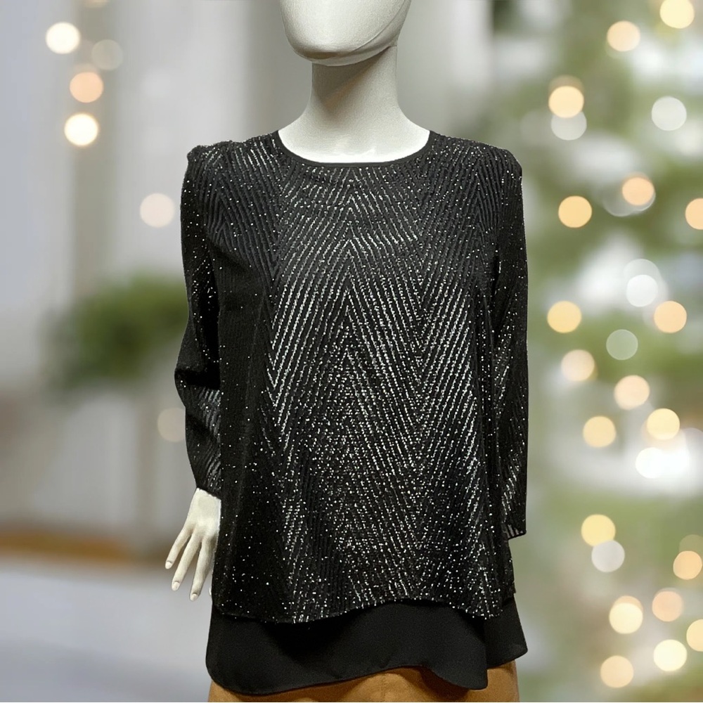 CHAUS New York Womens L Black Metallic Thread Hi-Low Hem Sparkle Blouse Party